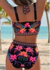 Mid Waisted Floral Print Layered Black Bikini Set