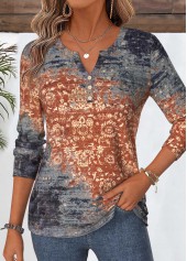 Tribal Print Curved Hem Dusty Blue T Shirt