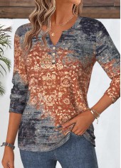 Tribal Print Curved Hem Dusty Blue T Shirt