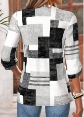 Geometric Print Tummy Coverage Dark Grey Long Sleeve Blouse
