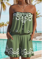 Tribal Print Ruched/shirred Green One Piece Swimwear