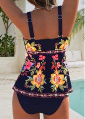 Mid Waisted Floral Print Layered Navy Tankini Set