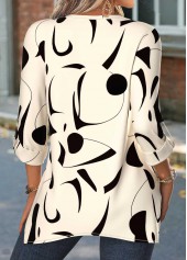 Geometric Print Patchwork Beige 3/4 Sleeve Split Neck Blouse