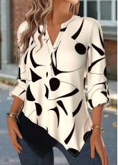 Geometric Print Patchwork Beige 3/4 Sleeve Split Neck Blouse