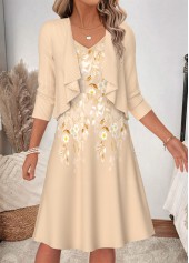 Floral Print Two-piece Beige Long Sleeve Dress and Cardigan