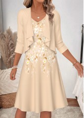 Floral Print Two-piece Beige Long Sleeve Dress and Cardigan