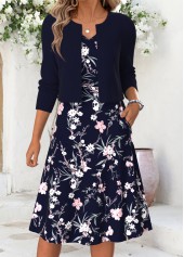 Floral Print Double Side Pockets Navy Long Sleeve Dress