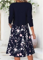 Floral Print Double Side Pockets Navy Long Sleeve Dress