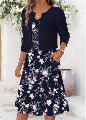 Floral Print Double Side Pockets Navy Long Sleeve Dress