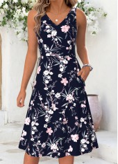 Floral Print Double Side Pockets Navy Long Sleeve Dress