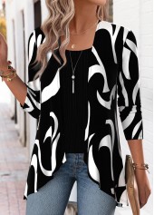 Geometric Print Black Long Sleeve Fake Two Piece Twinset