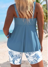 High Waisted Leaf Print Surplice Dusty Blue Tankini Set
