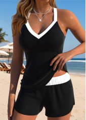 Mid Waisted Patchwork Black Tankini Set