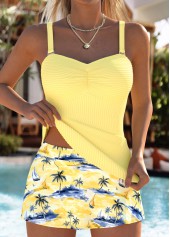 Mid Waisted Tropical Plants Print Two-piece Tankini Set
