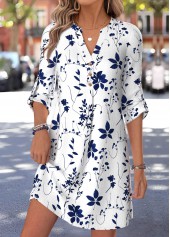 Floral Print Tummy Coverage White Short Long Sleeve Dress