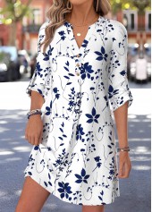 Floral Print Tummy Coverage White Short Long Sleeve Dress