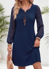 Patchwork Navy Short Long Sleeve Split Neck Dress