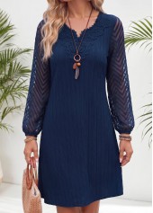 Patchwork Navy Short Long Sleeve Split Neck Dress