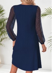 Patchwork Navy Short Long Sleeve Split Neck Dress