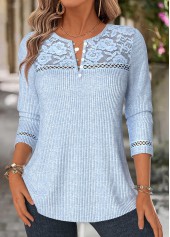 Patchwork Blue Long Sleeve Split Neck T Shirt