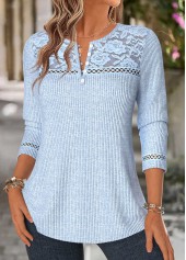 Patchwork Blue Long Sleeve Split Neck T Shirt