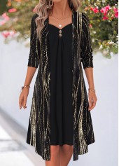 Wave Pattern Print Patchwork Black Long Sleeve Dress