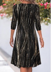 Wave Pattern Print Patchwork Black Long Sleeve Dress