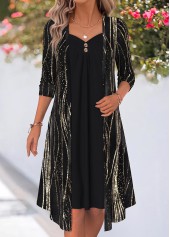 Wave Pattern Print Patchwork Black Long Sleeve Dress
