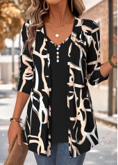 Geometric Print Black Long Sleeve Fake Two Piece Twinset