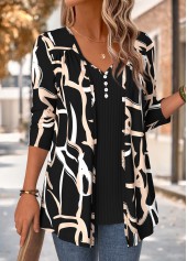 Geometric Print Black Long Sleeve Fake Two Piece Twinset