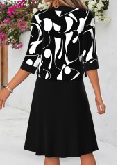 Geometric Print Tummy Coverage Black Half Sleeve Dress