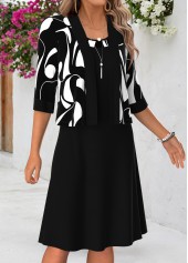 Geometric Print Tummy Coverage Black Half Sleeve Dress