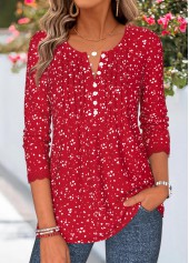 Geometric Print Patchwork Red Long Sleeve T Shirt