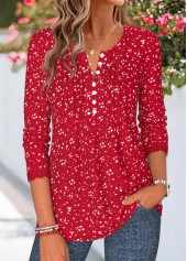 Geometric Print Patchwork Red Long Sleeve T Shirt