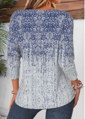 Tribal Print Curved Hem Blue Long Sleeve T Shirt