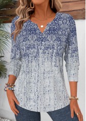 Tribal Print Curved Hem Blue Long Sleeve T Shirt