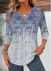 Tribal Print Curved Hem Blue Long Sleeve T Shirt