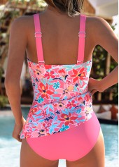 Mid Waisted Floral Print Criss Cross Coral Tankini Set