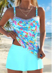 Mid Waisted Tribal Print Ruched Cyan Tankini Set