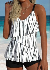 Mid Waisted Tie Dye Print Asymmetry White Tankini Set