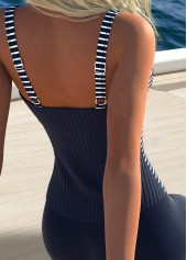 Mid Waisted Striped Tummy Coverage Navy Tankini Set