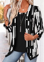 Geometric Print Black Half Sleeve Fake Two Piece Twinset
