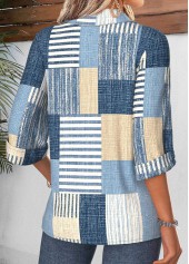 Geometric Print Tummy Coverage Denim Blue 3/4 Sleeve Shirt