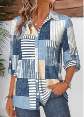 Geometric Print Tummy Coverage Denim Blue 3/4 Sleeve Shirt