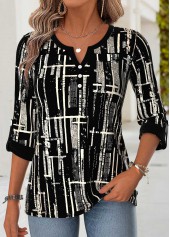 Geometric Print Curved Hem Black 3/4 Sleeve Blouse
