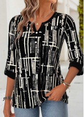 Geometric Print Curved Hem Black 3/4 Sleeve Blouse