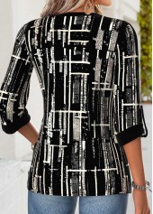 Geometric Print Curved Hem Black 3/4 Sleeve Blouse