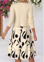 Geometric Print Tummy Coverage Beige Dress and Cardigan