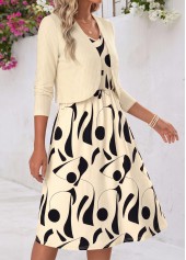 Geometric Print Tummy Coverage Beige Dress and Cardigan