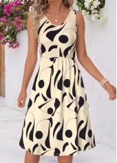 Geometric Print Tummy Coverage Beige Dress and Cardigan